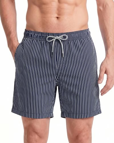 maamgic Bañadores Hombre Ropa de Baño Bañador de Playa Traje de Baño Secado Rápido para Vacaciones Diseño a Rayas,Rayas Finas Azul Oscuro,XXL