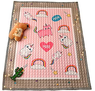 Kinder Baby Krabbeldecke Faltbare, Hiseng Baumwolle Groß Spielmatte Kinder Teppiche Rutschfeste Baby Bodenmatte Waschbare Krabbelmatte für Outdoor Spielteppich (Regenbogenkätzchen,145x195cm)