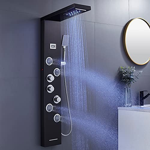 KEOKBON Duschpaneel Regendusche Edelstahl Schwarz mit LED-Lichter,5 Funktionen Duschsystem mit Handbrause, Massagedusche und Wasserfall Dusche