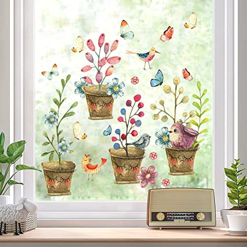 WandSticker4U®- [Vintage Style] Fensterbilder Frühling BLUMEN in TÖPFEN selbstklebend I Fenstersticker Kinder Blumen Smiley Vögel I Frühlingsdeko Fenster Aufkleber Kinderzimmer Bad Küche GROß