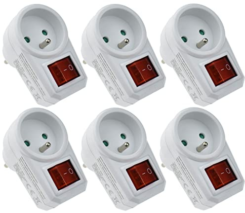 Juego de 6 enchufes con interruptor ON/OFF - Enchufe eléctrico de pared / apagado - Adaptador de enchufe controlado con seguridad infantil - Color blanco