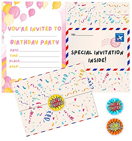 BestaFiesta 36 Girls Party Invitations Childrens Birthday Party Invitations Kids Invites with Folding Envelope Design and Holographic Stickers (Pink)