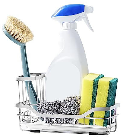 Zrncrky Schwammhalter für Küchenspüle, Spülbecken Organizer, Spülorganizer Sink Organizer mit Ablaufwanne, Spülbürstenhalter Waschbecken Organizer für Schwamm Silber
