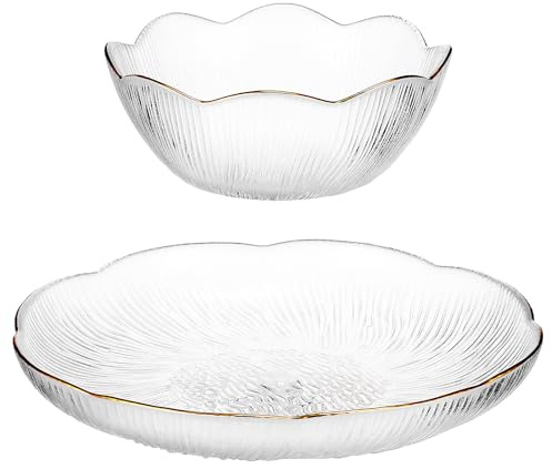 Kichvoe Glass Plates and Bowls Sets Fruit Bowl 12CM Salad Bowls 19CM Dessert Plate Kitchen Prep Bowls Kitchen Dinner Utensils