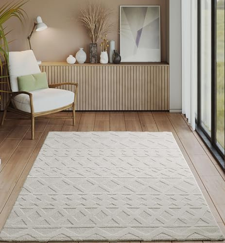 the carpet Everest - moderner Kurzflor Teppich Wohnzimmer Schlafzimmer mit Hoch-Tief-Effekt, 3D Effekt, hohe Flordichte und angenehm weich, Skandinavisches Design, Creme, 80 x 300 cm