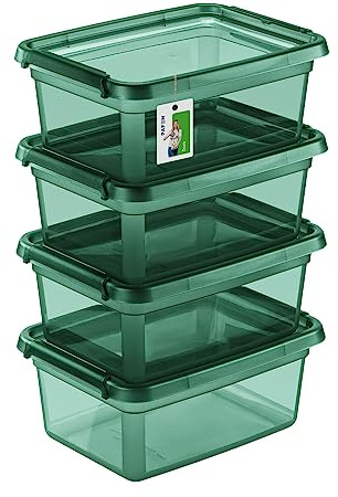 PAFEN 4x Förvaringslåda med lock 12,5l - 38x28,5x16cm - Lådor Förvaring Stapellådor med stängningsclips Plastbehållare Klädboxar Transparent Organiser | Grön