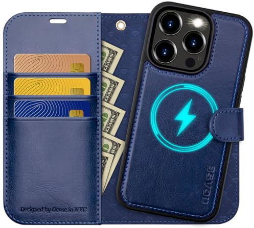 OCASE Kompatibel für iPhone 15 Pro Max Hülle (2in1) Leder Stoßfestes Case [Abnehmbare magnetische Hülle] [Kabelloses Laden] [Kartenfach] iPhone Handyhülle RFID Schutzhülle Etui Blau 6,7 Zoll