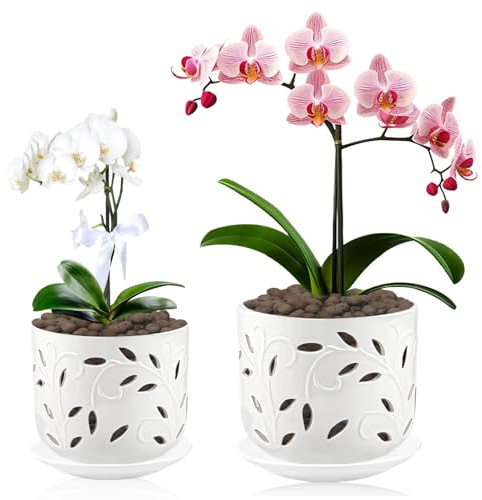 BUYMAX Juego de 2 macetas de orquídeas con agujeros y platillos para la salud de las raíces de las orquídeas, macetas de cerámica de 5 y 6 pulgadas para plantas, drenaje eficaz y ventilación para