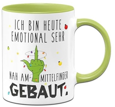 Tassenbrennerei Grinch Tasse - Ich bin heute emotional sehr nah am gebaut - Weihnachtstasse lustig mit Spruch - Kaffeetasse Anti Weihnachten (Grün)