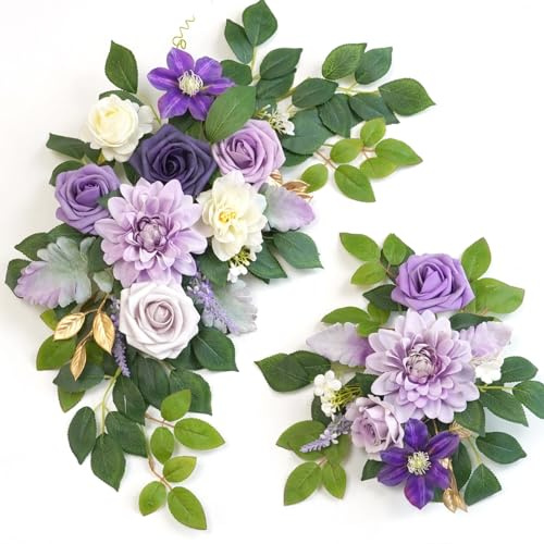 Piklado Wedding decor (pack of 2) Welcome Sign Flower Backdrop Garland For Ceremony Reception Wall Easel Home Decoration Entryway Faux Outdoor Board Head Table Decor (Lilic & Cream)