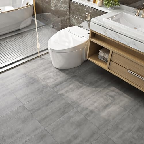 FunStick Vinyl Flooring Bathroom Peel and Stick Floor Tile Waterproof 12x12 15 Pcs Concrete Grey Removable Floor Tiles Peel and Stick on Floor Tile Stickers for Kitchen Living Room Linoleum Sheets