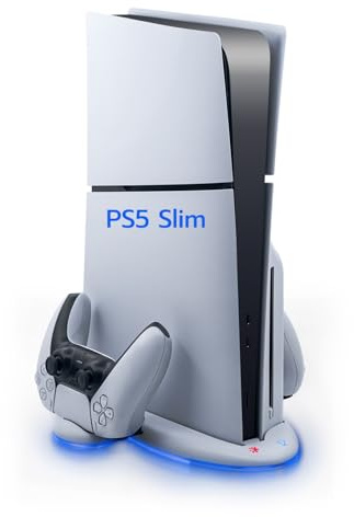 Wigearss PS5 Slim Ventilateur Station de Refroidissement, Support de Charge Vertical avec Chargeur Double Manette avec Vitesse de Ventilation Réglable sur 3 Niveaux, Lumières RGB(Pas pour PS5/PS5 Pro)