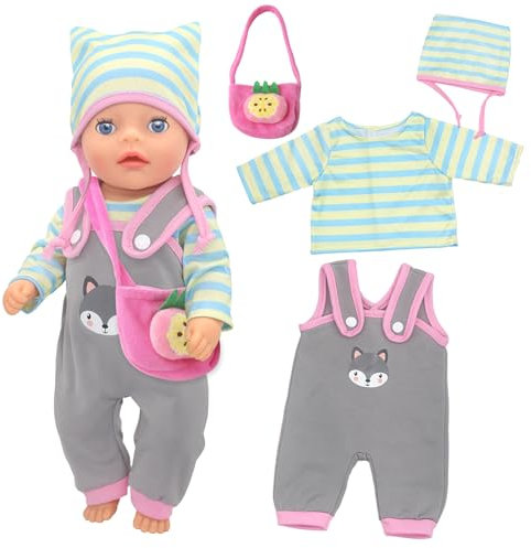 4 Stück Babypuppenkleidung für 12–14 Zoll große Babypuppen, 30–35 cm, Koala-Overall für Neue Babypuppen, süße Babypuppen-Outfits, Overall, Zylinder und Tasche, Neue Puppenkleidung, Zubehör