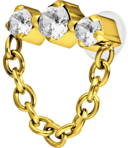 PIERCINGLINE PTFE Labret mit Gewinde + Titan-Aufsatz 3 EINGEFASSTE KRISTALLE + KETTE Nase Ohr Piercing Goldfarben 1,2 x 5 mm