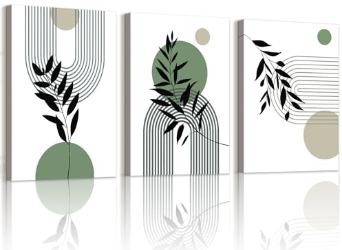 WENGTIAO 3 Stück Boho Grün Abstrakte Leinwand Bilder Kunstdrucke mit Rahmen | Botanische Pflanzen Geometrisch Linie Wandbilder auf Leinwand Wohnzimmer Schlafzimmer Wanddeko 40x60cmx3