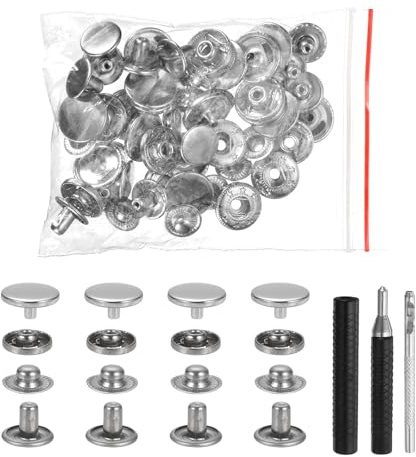 sourcing map Set di 25 bottoni a pressione in pelle da 12,5 mm, in metallo, rivetti in pelle, con 3 strumenti per vestiti, giacche, jeans e borse, colore: bianco