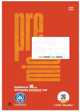 Staufen premio Schulblock - 5 Hefte je 50 Blatt, DIN A4, Lineatur 26 (5 mm kariert mit Rand), 4-fach Lochung, 90 g/m² Recyclingpapier | Lineatur 26, 100% Recyclingpapier, zertifiziert mit dem Blauen Engel, abgerundete Ecken, 90 g/m² Papier