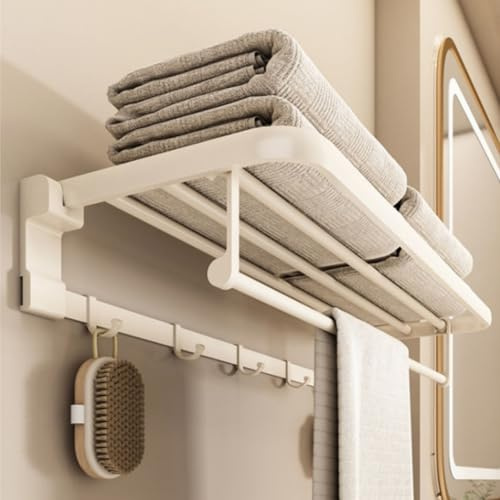 Yomotay Handtuchhalter ohne Bohren, 90°Klappbarer Handtuchregal Badezimmer Towel Holder Wand Handtuchstange mit 5 Handtuchhaken, 40 cm lang - Weiß
