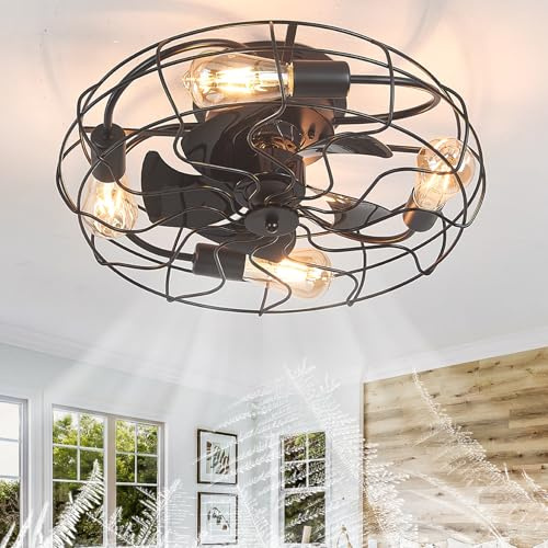 Jaula Ventilador De Techo Con Luz Mando A Distancia E27 50CM Lampara Ventilador Techo Vintage Hierro 6 Velocidades DC Silencioso Luz Ventilador Negra Reversible Ceiling Fan Dormitorio APP Industrial