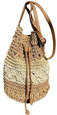 Bolso Bandolera Mujer De Paja Rafia Para Verano Playa, Capazo De Esparto Mimbre Hecho a Mano, Cesta Totte de Hombro Mediano Bandolera Estilo Étnico Bohemio Doble Tonalidad