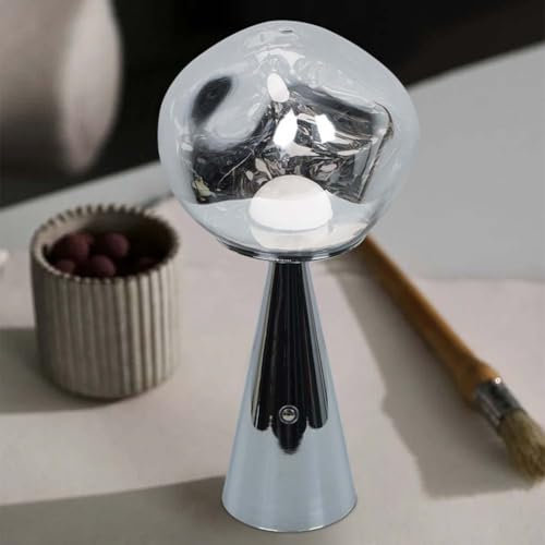 LOGT LED Lava Tischleuchte mit Touch Schalter Akku Tischlampe 3 Farbtemperatur Dimmbar Nachttischlampe Innen Modern Nachttischlampe Lava Lampe Acryl Metall für Arbeitszimmer Speisesaal,Chrome