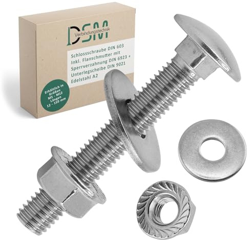 DSM – Schlossschrauben M6 x 80 mm SET DIN 603 – je 10 Stück Edelstahl A2 | inkl. M6 Flanschmuttern DIN 6923 & Unterlegscheiben DIN 9021 [TrueSpec] Vollgewinde Flachrundkopfschrauben Torbandschrauben
