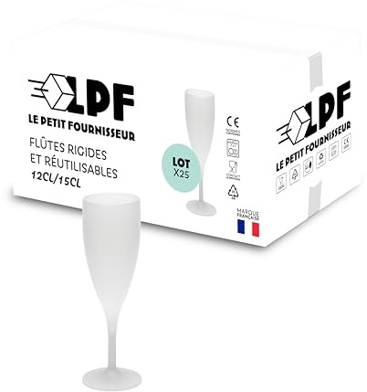 LPF LE PETIT FOURNISSEUR - Lot de 25 Flûtes à champagne réutilisables 12cl (15cl max) - Polypropylène plastique alimentaire - Verre à champagne durable - Compatible lave-vaisselle - Couleur givrée