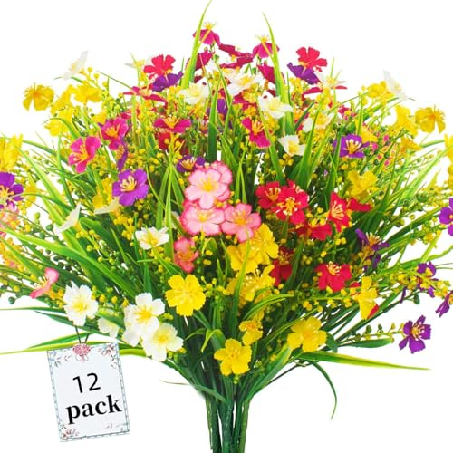 Siganorpy 12 Bundles of 6 Colors Artificial Flowers,UV-Resistant Artificial Plants, Faux Daisy Flower Shrubs Plants Indoor Outdoor Hanging Planter Kitchen Home Wedding Office Garden Decor