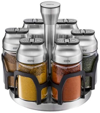 GEFU KIPPO - Carrusel para especias (7 piezas, vidrio de borosilicato y acero inoxidable, giratorio con 6 esparcidores + tapa), protección del aroma para hierbas y especias