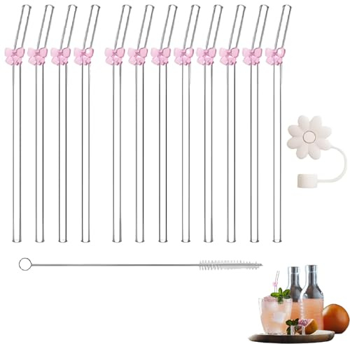 14 PCS 20cm Glass Straws with Charms, Clear Straws Glass Straws Drinking | Long Glass Straw Glasses Set Including 12 Pink Bow Straws 1 Straw Cleaner Brush 1 Straw Cover for Milk Coffee