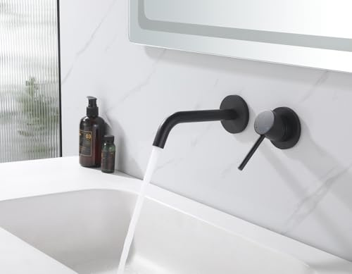 Weshi Bathroom Faucets Wall Mount Matte Black Bathroom Basin Faucet - Single Handle Vanity Tap - Curved Wall Spout Sink Faucet with Rough-in Valve