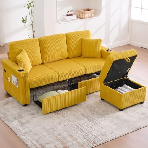 UIHECTA L-FöRmiges Ecksofa Mit Stauraum Und Beweglichem Ottoman, 3-Sitzer-Sofa Aus Cord Mit USB-Ladefunktion, GeträNkehalter Und Led-Licht, Umwandelbare Sofas FüRs Wohnzimmer,Gelb