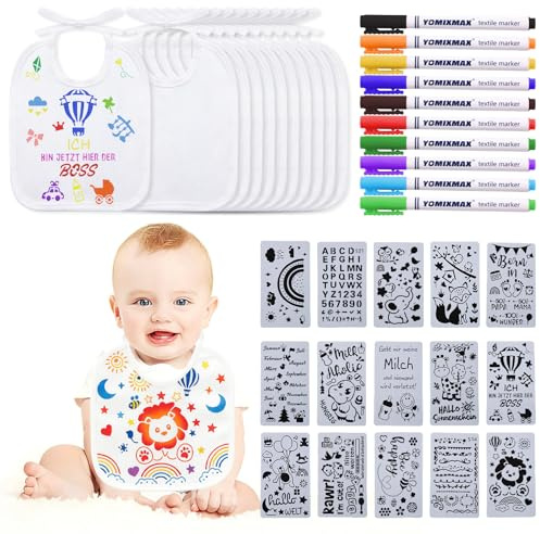 12 Stück Baby Lätzchen zum Bemalen, Weiß Baumwolle Wasserdicht Doppelseitig | Sabberlätzchen mit 12 Textilstiften, 15 Schablonen, Babyparty Spiele DIY Geschenk für Junge Mädchen, Babyshower Party Spiele