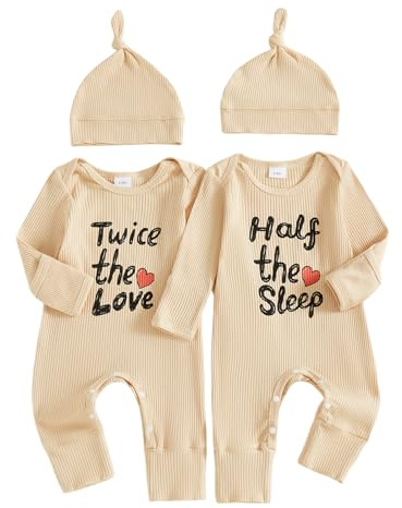 Unisex Newborn Baby Grow Boy Girl Romper Letter Heart Print Long Sleeve Ribbed Jumpsuit Hat Twins Overalls Coming Home Outfit Autumn Clothes