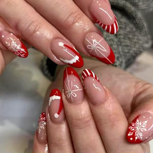 Viugex 24 Pièces Noël Faux Ongles Amande Moyenne, Flocon de Neige Chapeau du Père Noël Press on Nails French, Bordure Rouge Ongles à Coller, Acrylique Pleine Couverture Capsules Ongles pour Femme