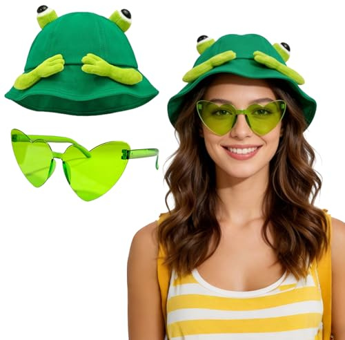 YOKJGHDO Frosch Kostüm Erwachsene – Grüner Frosch Hut & Brille Set, Fischerhut Damen & Herren, Froschkostüm Damen für Karneval, Festival, Alltag & Party