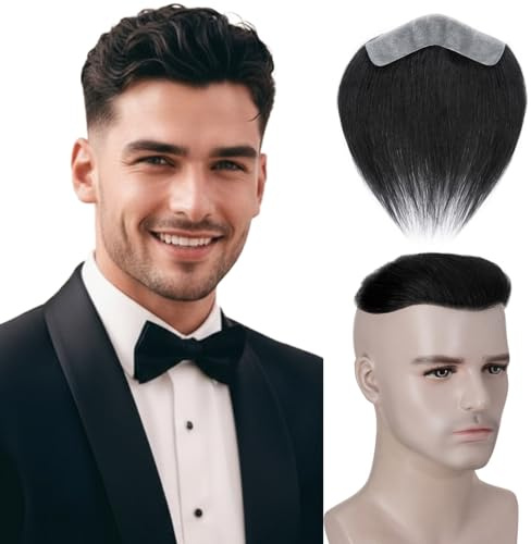 MY-LADY Men's Hairline V-Shaped Forehead Toupee - Real Human Hair System for Men, Invisible Natural Frontal Hairpiece & Replacement Patch for Receding Hair 6 Inch 12g #1 Jet Black