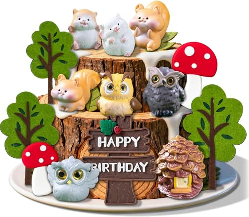 14 Piece Forest Animal Cake Decorations, Animal Birthday Cake Decorations, Woodland Animal Birthday Squirrels, Owls, Pinecone Houses, Hamsters, Trees, Mushroom Figurines, Kids' Birthday Party Supplies