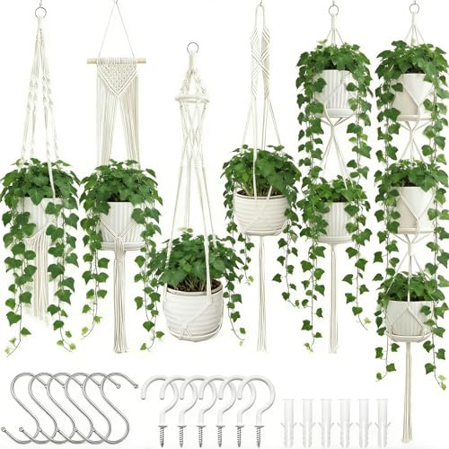 6er Set Makramee Blumenampel,Boho Deko Baumwollseil Hängeampel mit Haken | Hängetopf für Pflanzen,Blumentopf Hängend,Hängeblumentopf für Innen,draußen,Wohnzimmer,Balkon,Garten und Terrasse