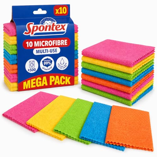 Spontex Mikrofasertücher 10er Set – 30x30 cm Allzwecktücher, waschbar bis 60°C, entfernen 99% Bakterien nur mit Wasser, Wiederverwendbare Reinigungstücher für Küche, Bad, Glas & Auto