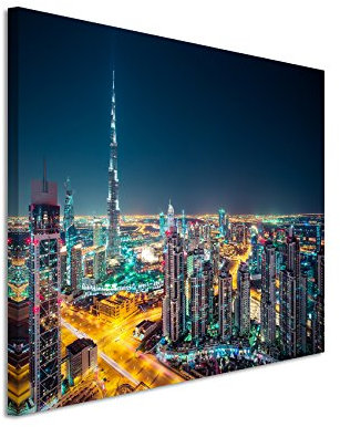 Paul Sinus Art Fotoleinwand 90x60cm Architekturfotografie – Dubai Skyline bei Nacht, UAE auf Leinwand exklusives Wandbild moderne Fotografie für ihre Wand in vielen Größen