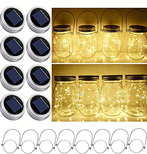 StarryMine Solar Mason Jar Lid String Lights, 8 Pack 20 Led String Fairy Star Firefly Jar Lids Lights with 8 Hangers Included (Jars Not Included), for Mason Jar Patio Garden Wedding Lantern