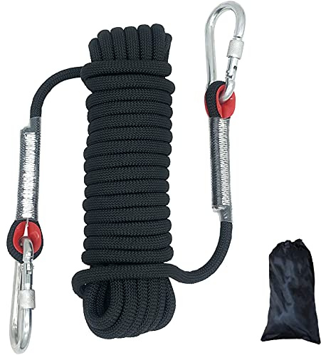 Climbing Rope Diameter 10mm Outdoor Static Cord, High Strength Safety Rope with 2 Carabiner, for Escape, Fire Rescue, Dock Anchoring, Skateboard fixing etc, Black Length 10m