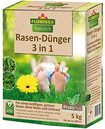 Florissa Natürlich 58792-5kg BIO Rasendünger 3 in 1 (5 kg) mit ProtoPlus und Eisen für einen dichten Rasen ohne Moos, Braun