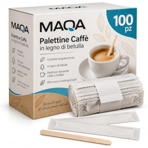 100 Palette Caffè in Legno di Betulla 9 cm, Bastoncini Caffè | Incartati Singolarmente, Palettine e Stecchette per Espresso, Tè, Bevande Calde e Fredde, Bar e Ufficio