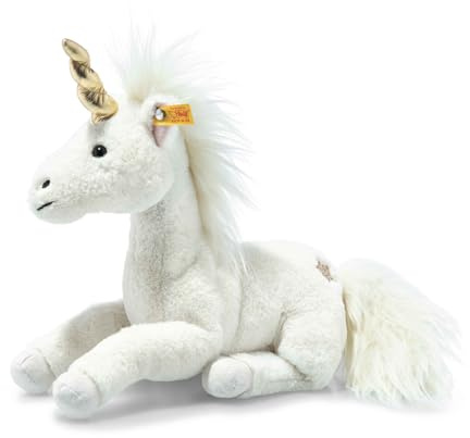 Steiff Unica Schlenker Einhorn weiß liegend 27 cm, Soft Cuddly Friends, Kuscheltier Einhorn, Plüschtier mit Granulatsäckchen in Hufen und Bauch für EIN tolles Fühlerlebnis, Plüsch Stofftier