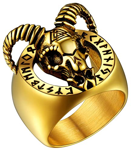 FaithHeart Herren Jungen Baphomet Ziegenkopf Ring Punk Ziegenschädel Siegelring Fingerring Personalisierter Gotic Satanischer Schaf Ziege Kopf Ring für Geburtstag Vatertag Valentinstag
