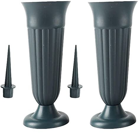 F Fityle Lot de 2 vases à Fleurs Décoration funéraire avec Piquet et Base en Plastique Memorial Vas Flower Vase Memorial Vase pour pelouse, Vert foncé