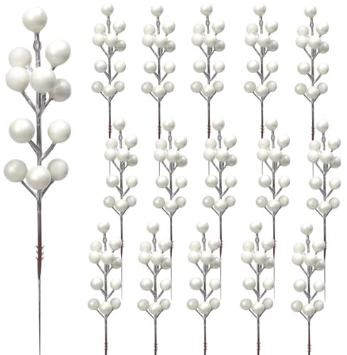 KKSTY 16Pcs Christmas Berry Stem, 24cm Artificial Berry Picks Holly Berries Branches for Christmas Tree Decoration Wreath DIY Crafts Holiday Season Winter Home Decor (White)