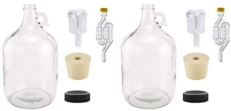 North Mountain Supply 1 Gallon Glass Fermenting Jug with Handle, Size 6.5 Rubber Stopper, 6 Bubble Airlock, 2 Piece Airlock, Black Plastic Lid, Set of 2
